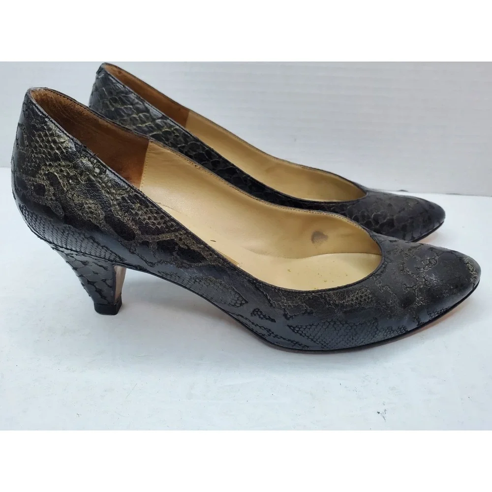 AMALFI Metalic‎ Black Anaconda Leather Pumps Kitten Heels Shoes 8B Italy Y2K